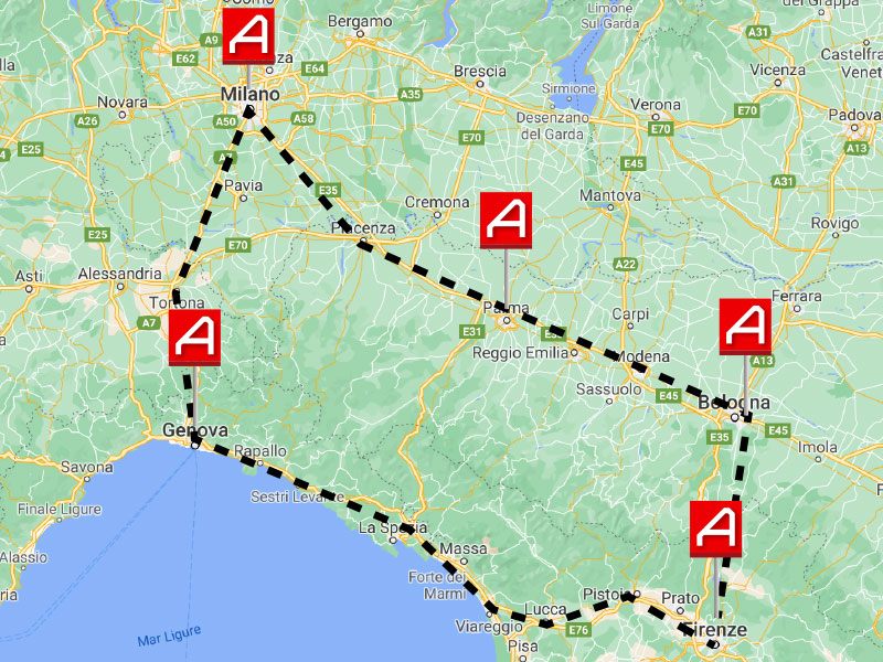 Mappa con una tratta tracciata fra più città del Centro-Nord Italia